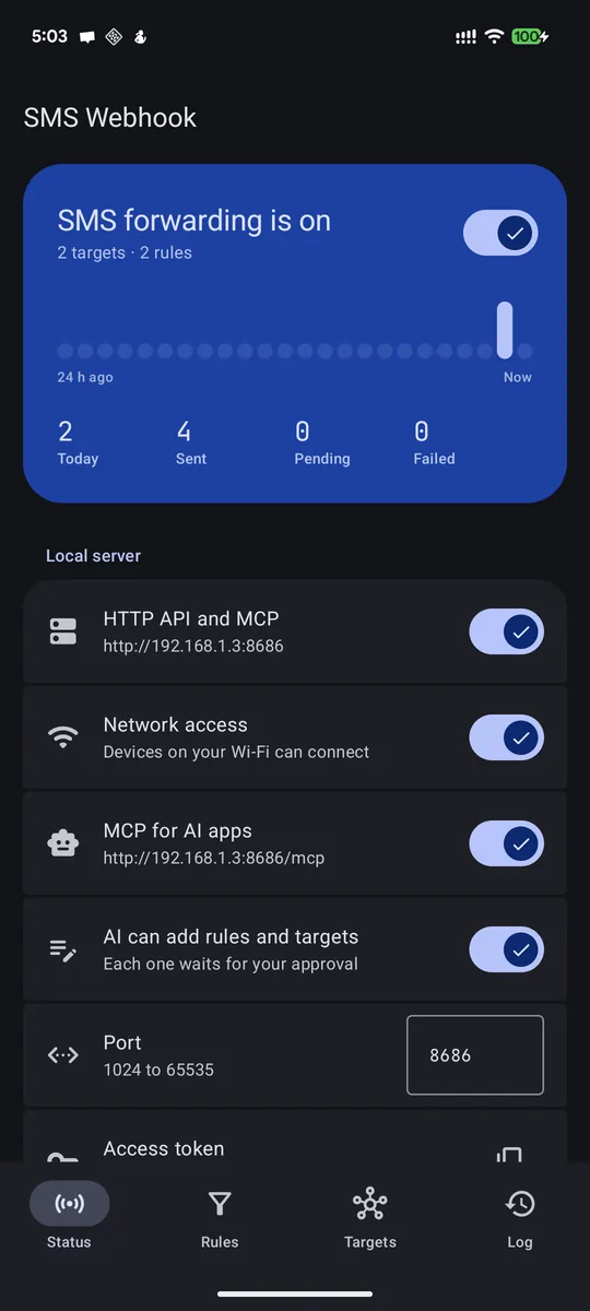 Status screen with the forwarding switch and the activity chart